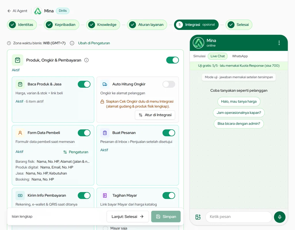 Integrasi AI Agent: Produk, Ongkir & Pembayaran — Baca Produk & Jasa, Form Data Pembeli, Buat Pesanan, Kirim Info Pembayaran, Tagihan Mayar