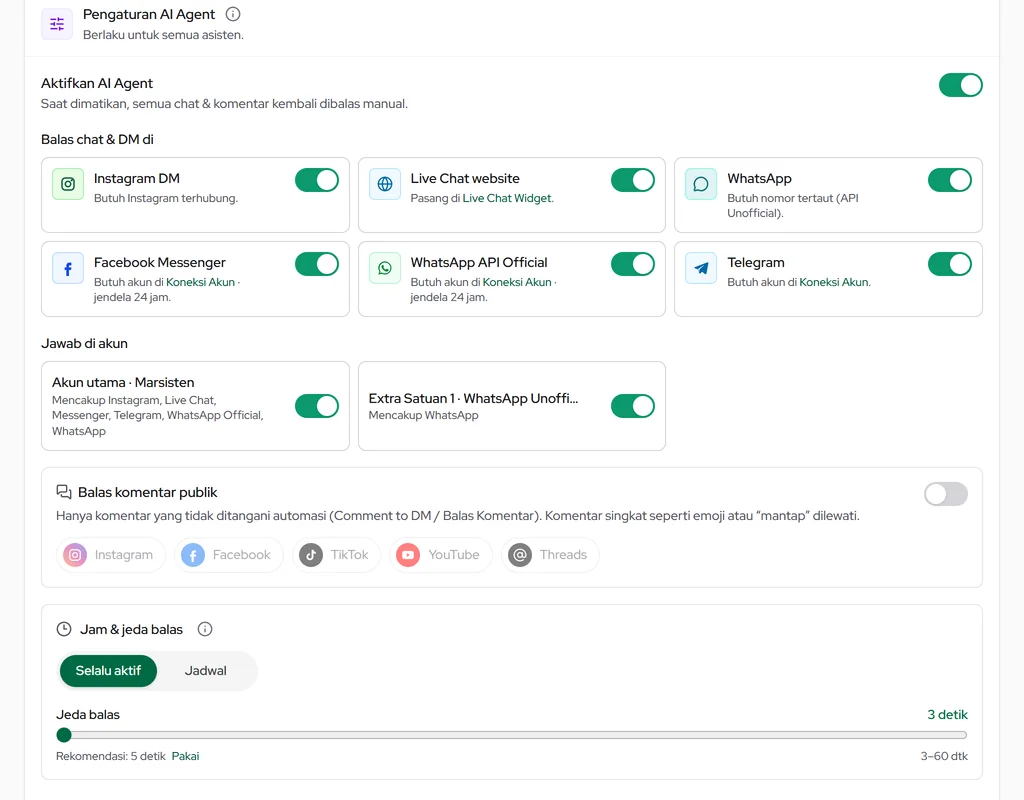 Pengaturan AI Agent: sakelar aktif, kanal chat & DM, akun yang dijawab, balas komentar publik, serta jam & jeda balas