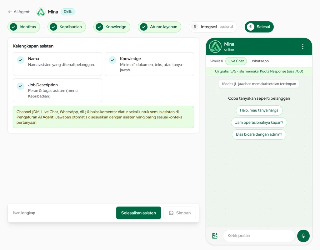 Selesai: kelengkapan asisten (nama, knowledge, Job Description) dan tombol Selesaikan asisten