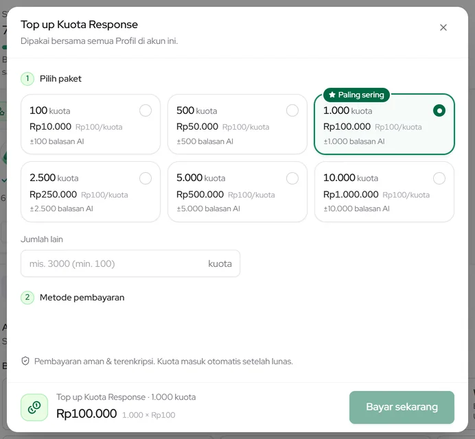 Popup Top up Kuota Response: pilih paket kuota atau jumlah lain
