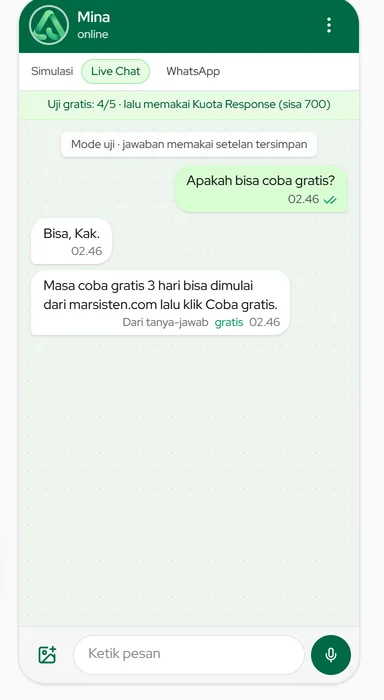 Panel Uji: kirim pertanyaan seperti pelanggan dan lihat jawaban asisten