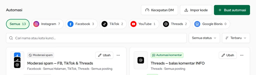 Halaman Semua automasi: saringan per sosial media, tombol Kecepatan DM, Impor kode, dan Buat automasi