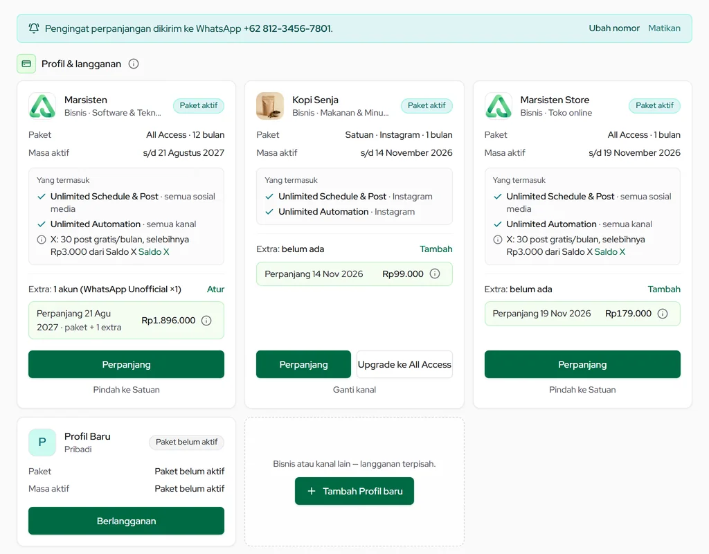 Billing: kartu Profil & langganan berisi paket, masa aktif, yang termasuk, akun extra, dan tombol Perpanjang