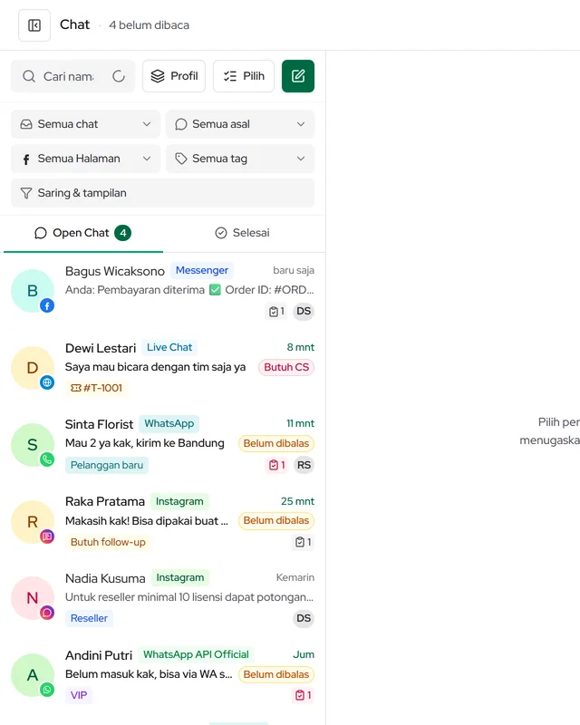 Daftar Chat: cari, gabung Profil, pilih beberapa chat, saringan kotak masuk & asal, Saring & tampilan, tab Open Chat dan Selesai