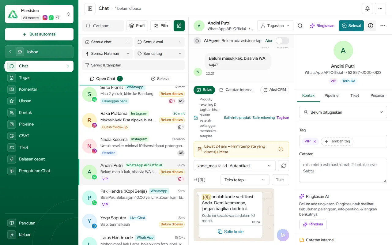 WhatsApp API Official di luar 24 jam: pilih Template WhatsApp lalu Kirim template