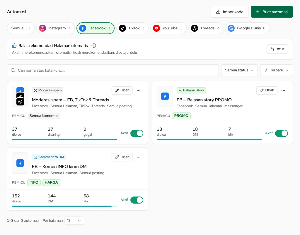 Automasi Facebook: kartu Comment to DM, Balasan Story, dan Moderasi spam