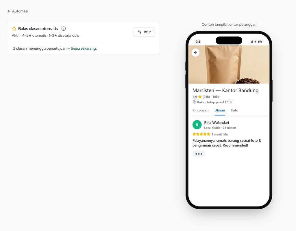 Balas ulasan otomatis Google Bisnis: status, tombol Atur, dan ulasan menunggu persetujuan