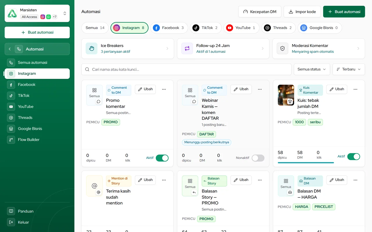 Tombol Buat automasi di sidebar dan di kanan atas halaman Automasi