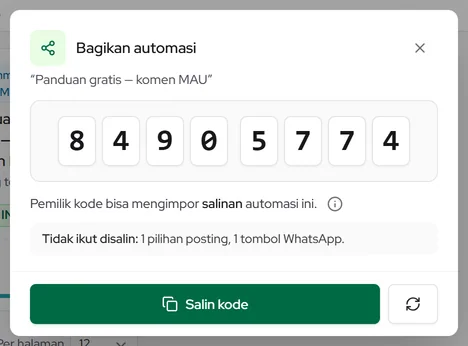 Popup Bagikan automasi: kode 8 angka, yang tidak ikut disalin, dan Salin kode