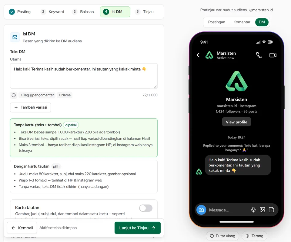 Langkah Isi DM: teks pesan, tag nama, dan tombol tautan; pratinjau DM di kanan