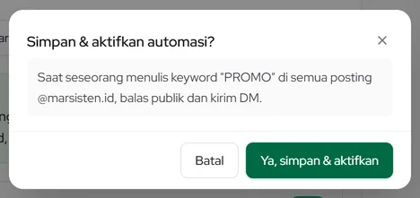 Dialog konfirmasi Simpan & aktifkan automasi berisi ringkasan