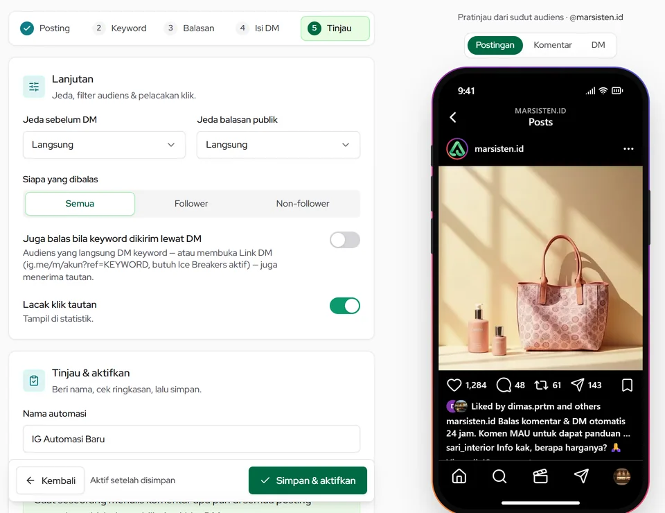 Bagian Lanjutan: jeda sebelum DM, siapa yang dibalas, balas keyword lewat DM, dan lacak klik