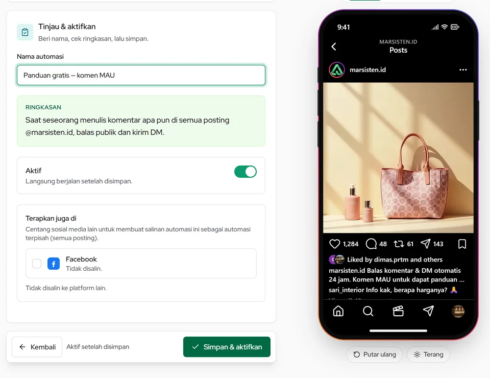 Tinjau & aktifkan: nama automasi, ringkasan, sakelar Aktif, dan Terapkan juga di