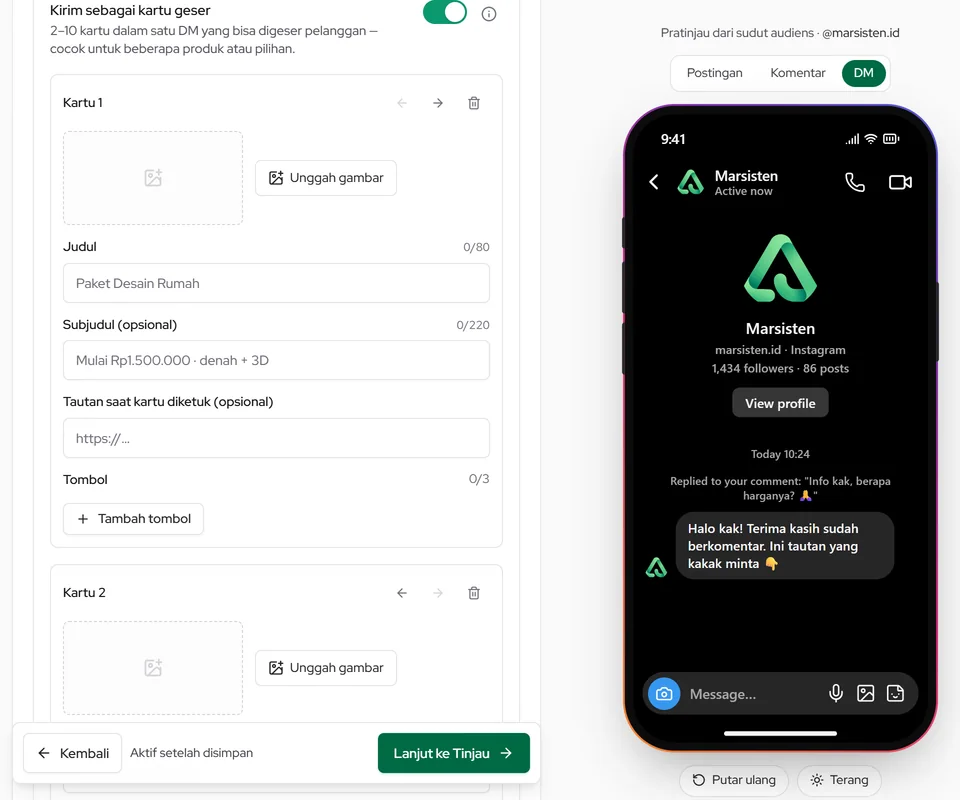 Kirim sebagai kartu geser: 2–10 kartu dalam satu DM yang bisa digeser