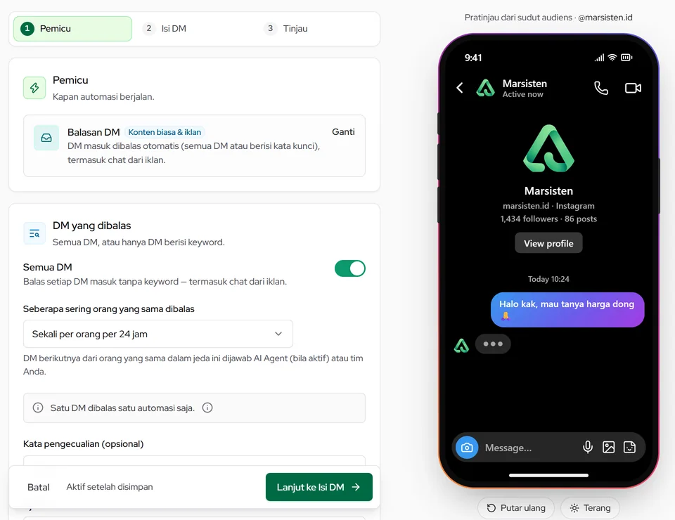 Balasan DM: semua DM atau hanya DM berisi keyword, frekuensi balasan per orang, dan uji pesan