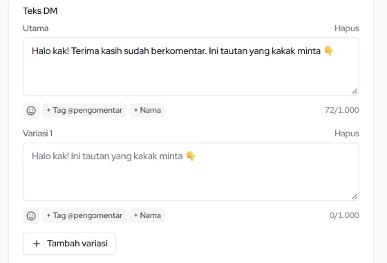 Variasi teks DM: utama dan variasi 1, tombol Tambah variasi
