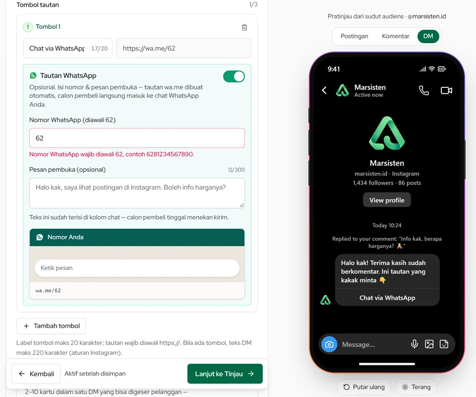 Tombol Tautan WhatsApp: nyalakan, isi nomor berawalan 62 dan pesan pembuka