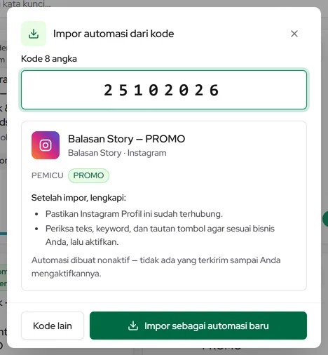 Popup Impor automasi dari kode: isi kode 8 angka lalu impor sebagai automasi baru
