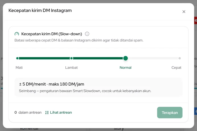 Kecepatan kirim DM Instagram: pilih Mati, Lambat, Normal, atau Cepat lalu Terapkan