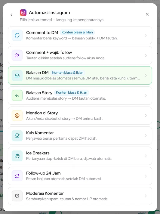 Popup Automasi Instagram — pilih Ice Breakers