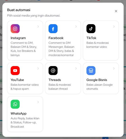 Popup Buat automasi: pilih sosial media — Instagram, Facebook, TikTok, YouTube, Threads, Google Bisnis, atau WhatsApp
