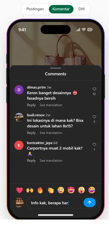 Pratinjau ponsel: tab Postingan, Komentar, DM, tombol Putar ulang dan Terang/Gelap