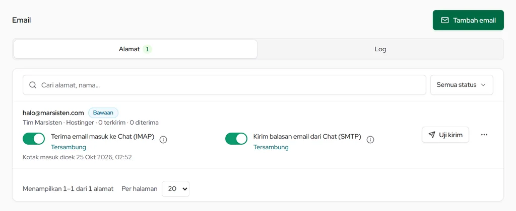 Integrasi Email: alamat email dengan sakelar Terima (IMAP) dan Kirim (SMTP), Uji kirim, dan Tambah email