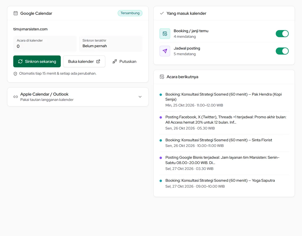 Sinkron Kalender: Google Calendar tersambung, Apple Calendar/Outlook lewat tautan langganan, dan acara berikutnya