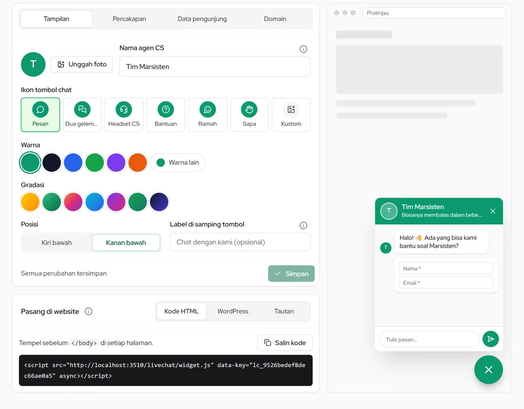 Pasang di website: kode HTML, plugin WordPress, atau tautan