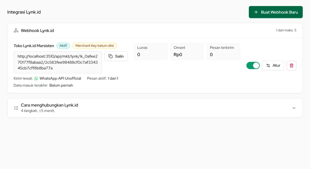 Integrasi Lynk.id: webhook, URL webhook untuk ditempel di Lynk.id, nomor pengirim, pesan aktif, dan tombol Atur