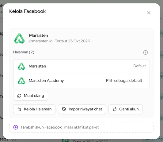 Popup Kelola Facebook: daftar Halaman dari login Facebook dan Halaman default