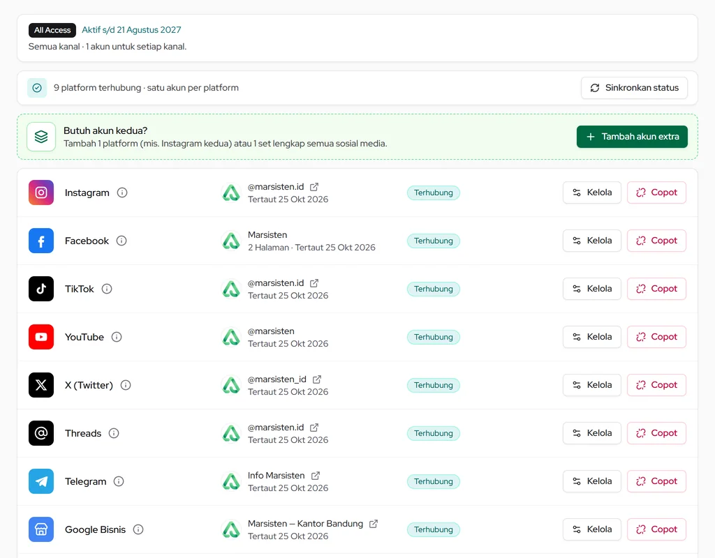 Halaman Koneksi Akun: status semua platform, Sinkronkan status, serta tombol Kelola dan Copot per akun