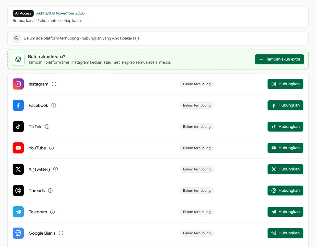 Koneksi Akun untuk Profil yang belum menghubungkan akun: tombol Hubungkan di setiap platform