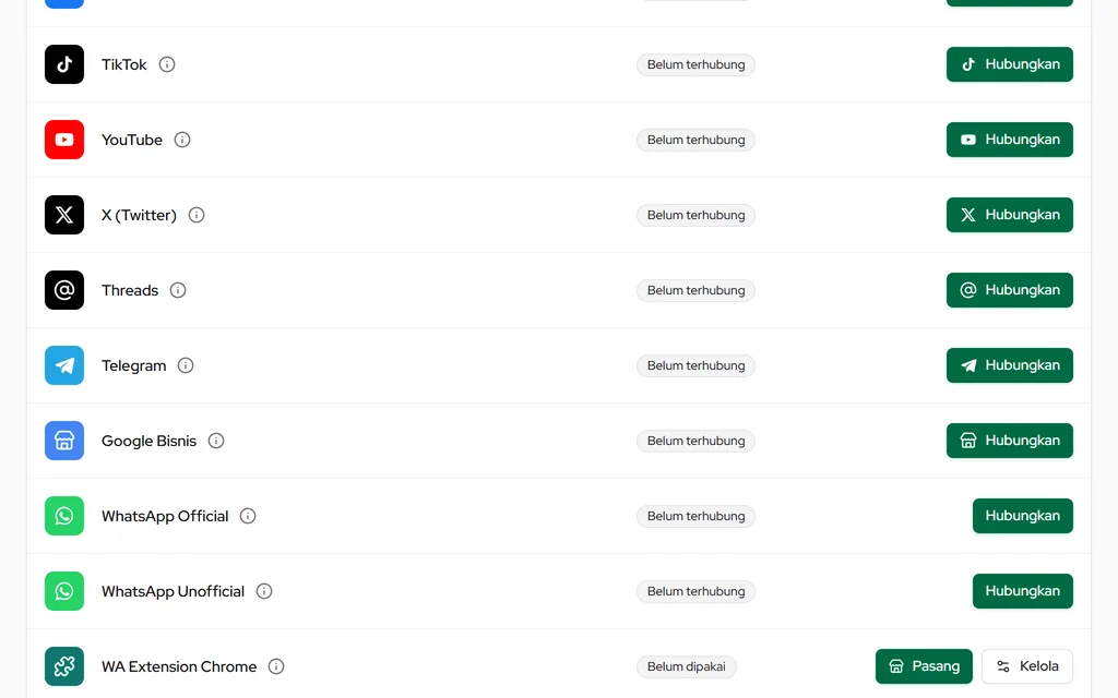 Tombol Hubungkan untuk TikTok, YouTube, X (Twitter), Threads, Telegram, dan Google Bisnis