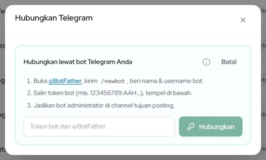 Dialog Hubungkan Telegram: langkah membuat bot di @BotFather dan kolom token bot