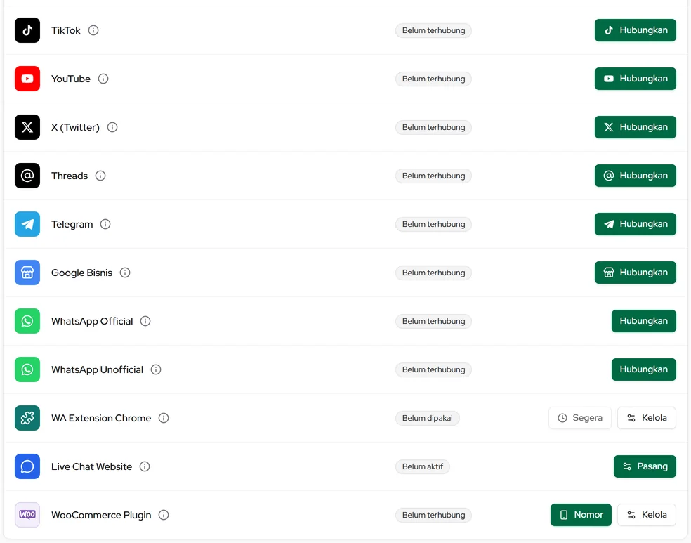 Baris WhatsApp Official, WhatsApp Unofficial, dan WA Extension Chrome di Koneksi Akun