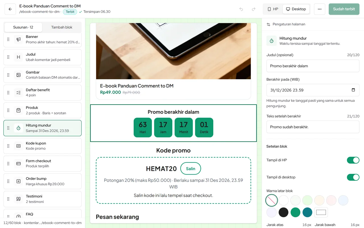 Editor Landing Page: susunan blok, kanvas pratinjau, setelan blok, dan tombol Terbitkan
