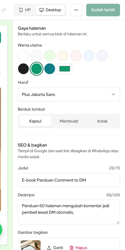 Pengaturan halaman: warna utama, huruf, dan bentuk tombol