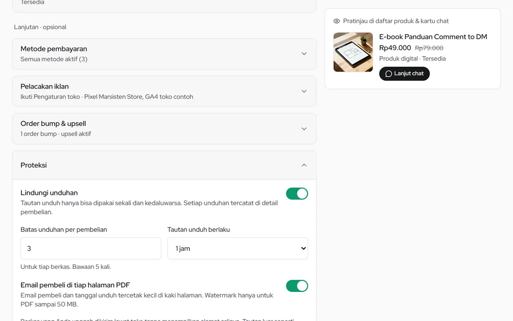 Panel Proteksi produk digital: tautan sekali pakai, batas unduhan, dan watermark PDF