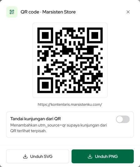 Popup QR code: saklar Tandai kunjungan dari QR, Unduh PNG dan SVG