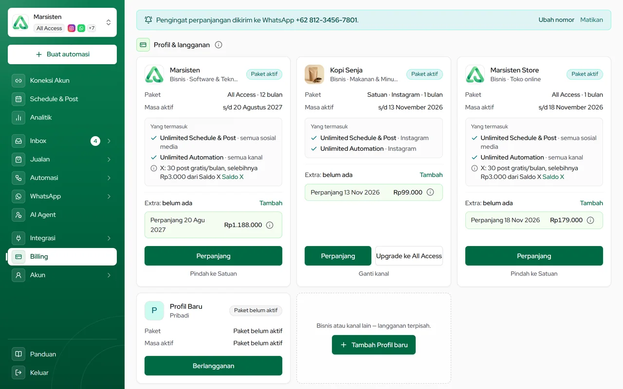 Halaman Billing: kartu Profil & langganan dengan tombol Perpanjang dan Tambah akun extra