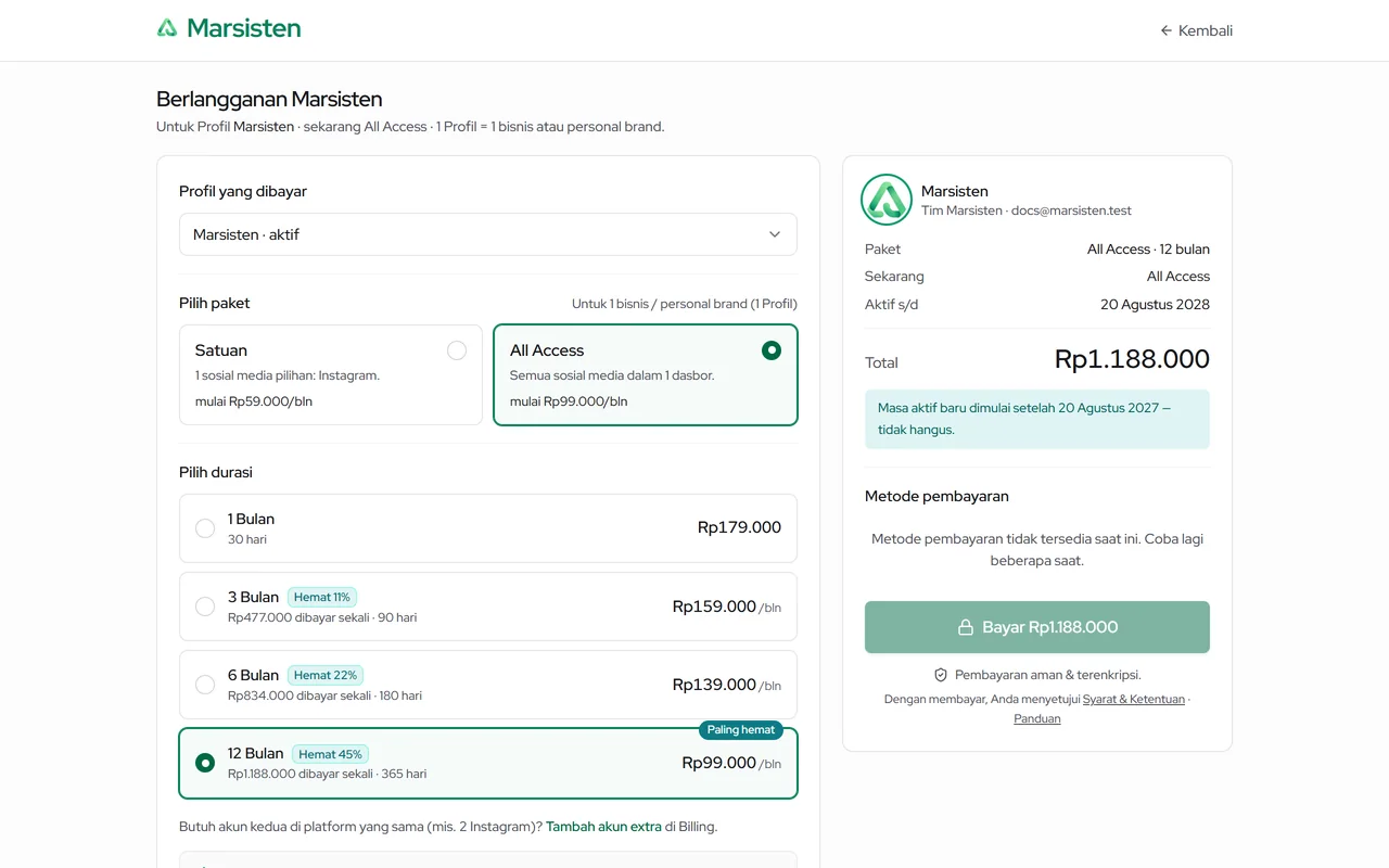 Checkout: pilih paket All Access atau Satuan dan durasi langganan