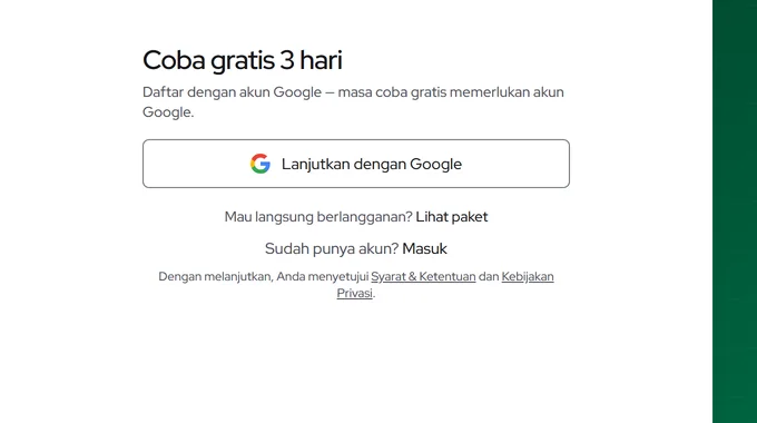 Halaman Buat akun: tombol Lanjutkan dengan Google dan tautan Lihat paket
