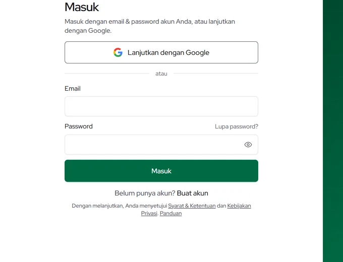 Halaman Masuk: Lanjutkan dengan Google, email dan password, Lupa password, tombol Masuk