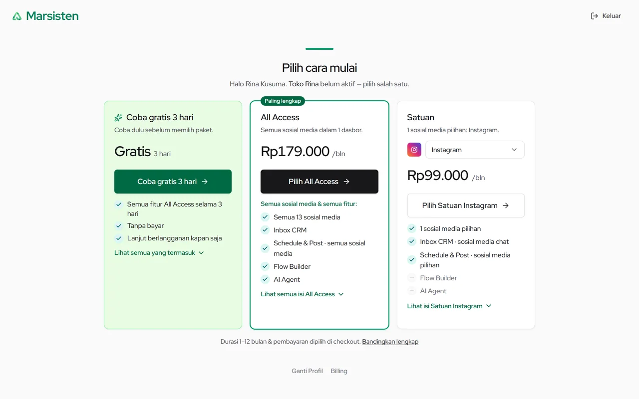 Halaman Pilih cara mulai: Coba gratis, Pilih All Access, atau Pilih Satuan