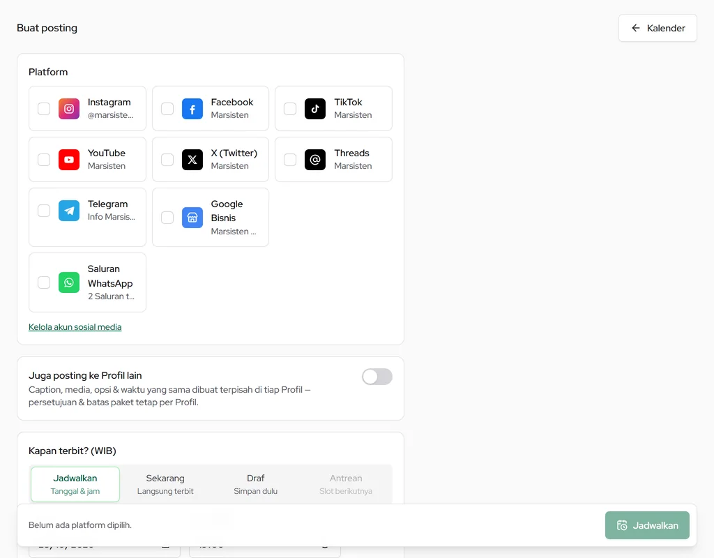 Buat posting — pilih platform tujuan, Saluran WhatsApp, dan Juga posting ke Profil lain
