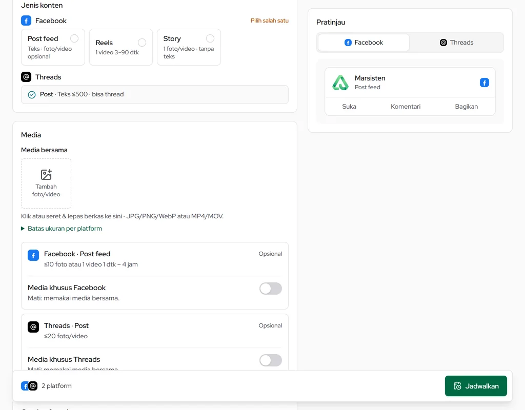 Buat posting — Jenis konten per platform, Media bersama, dan Caption