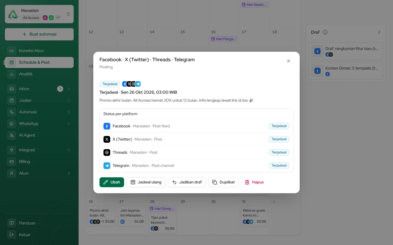 Detail kartu posting di kalender: Ubah, Duplikat, Jadwal ulang, Terbitkan sekarang, dan Hapus