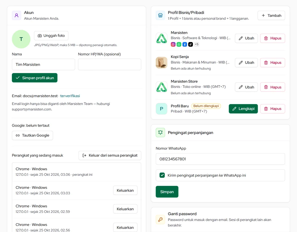 Pengaturan Akun: foto, nama, nomor HP/WA, email, tautkan Google, perangkat yang sedang masuk