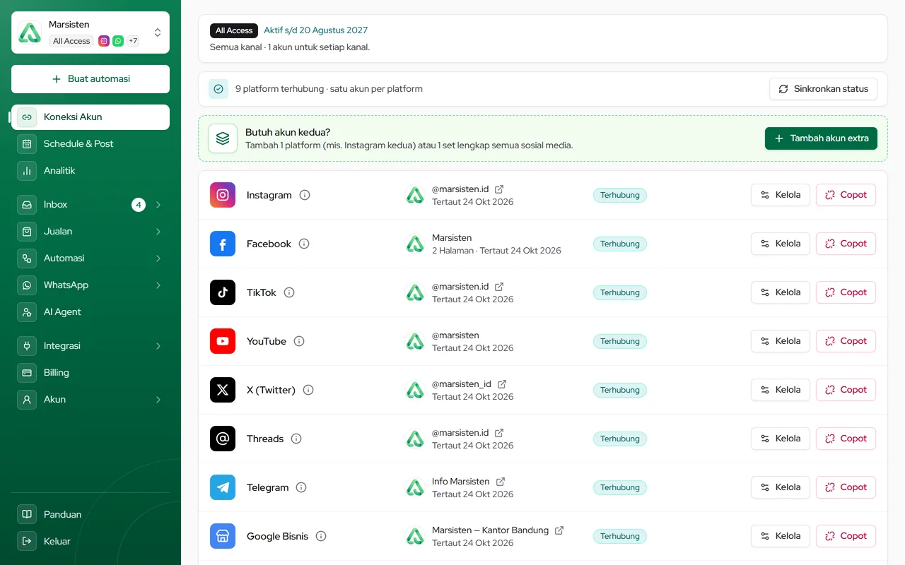 Sidebar dasbor: pemilih Profil, Buat automasi, menu utama, folder berpanah, dan Panduan